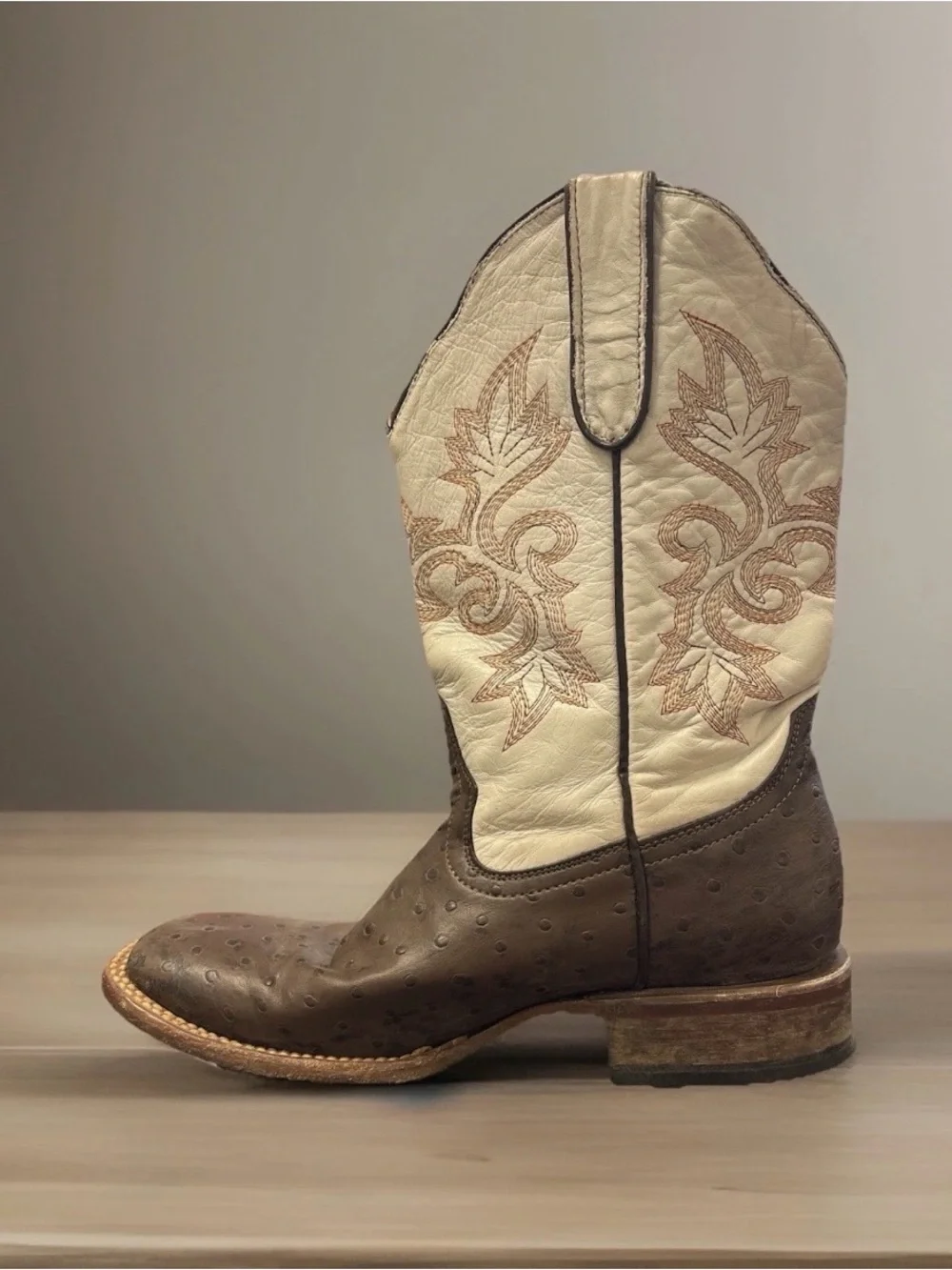 Tanner Mark Two-Tone Brown ostrich print and Cream Western Cowboy Boots